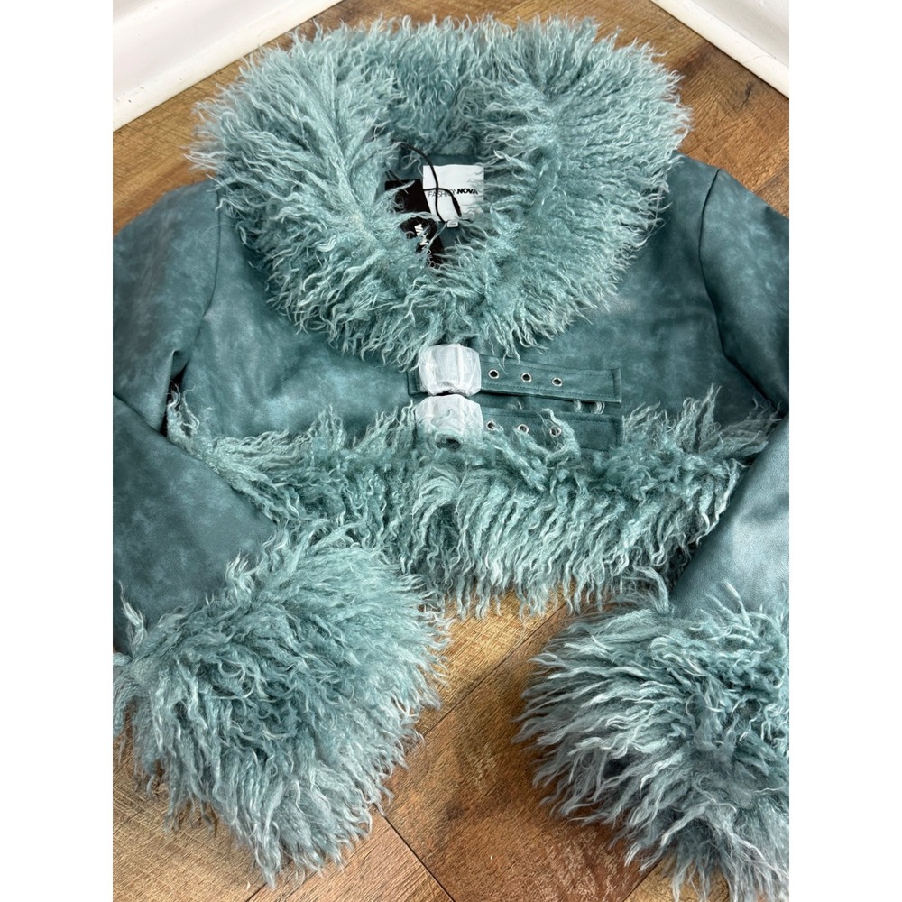 Fashion Nova Teal Faux Leather Cropped Jacket Shaggy Faux Fur Trim Y2K Moto NEW